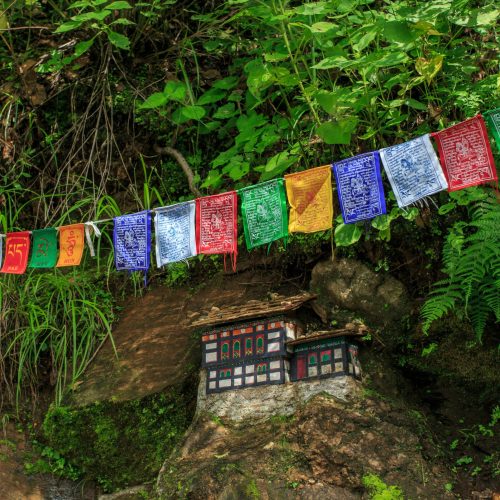 Bandeirinhas tibetanas penduradas na natureza no Butão