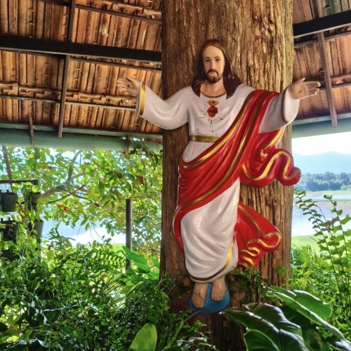 Estátua de Jesus Cristo vestido de branco e vermelho no meio de plantas naturais, no Lake & Mountains