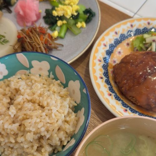 Uma refeição Macrobiótica com vários pratos coloridos, com arroz integral, sopa, vegetais, tofu