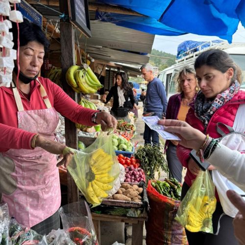 Mulher portuguesa compra bananas num mercado local no Butão